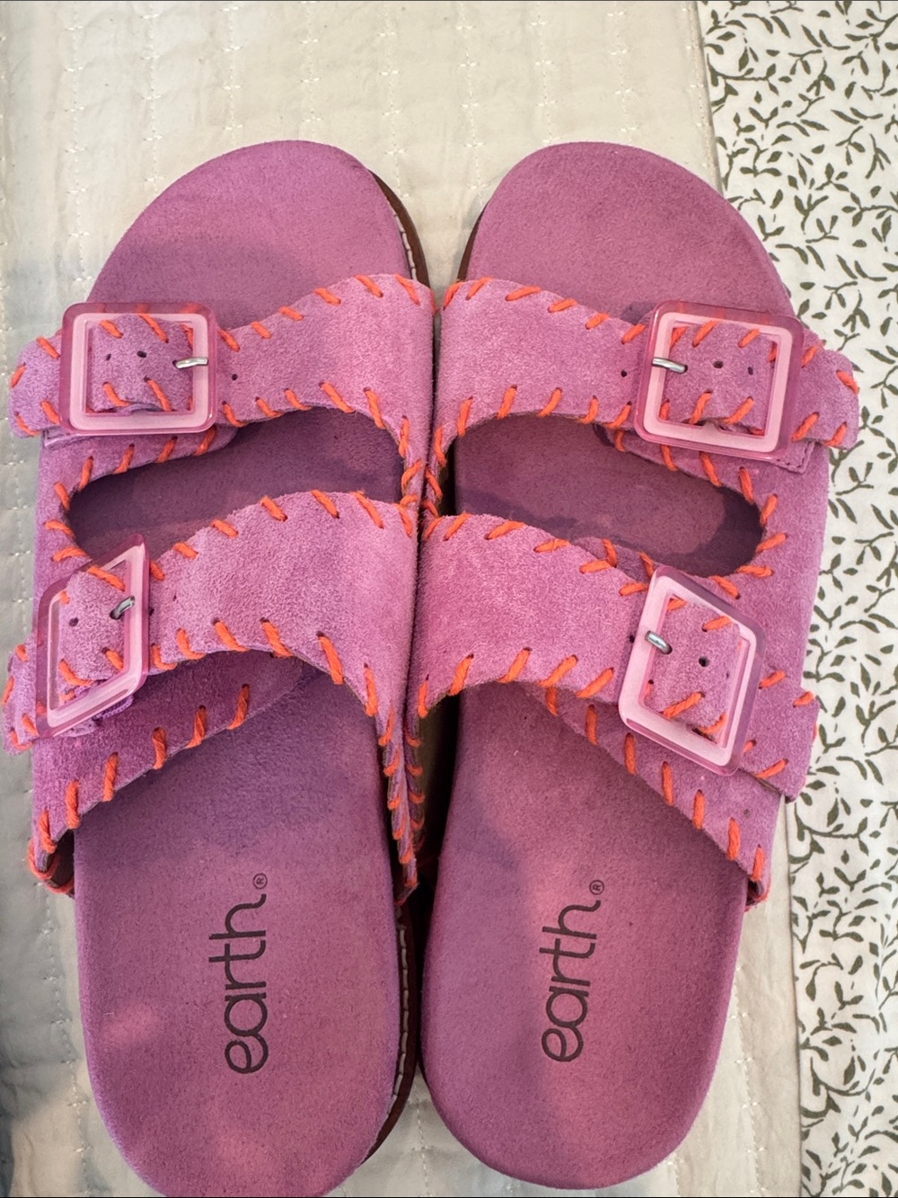 Earth Pink Suede Double-Buckle Sandals with Orange Stitching
